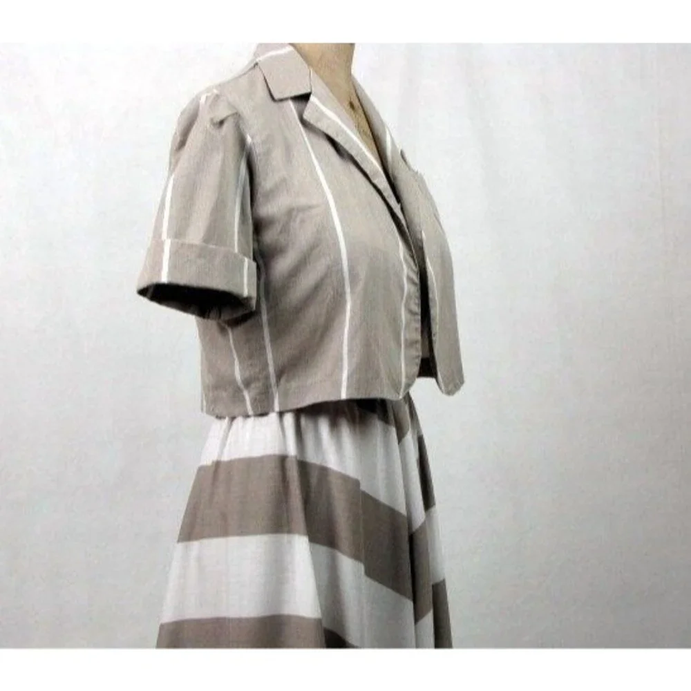 Vintage 70s Summer Dress Chevron Print White Taupe Small Matching Jacket Cotton